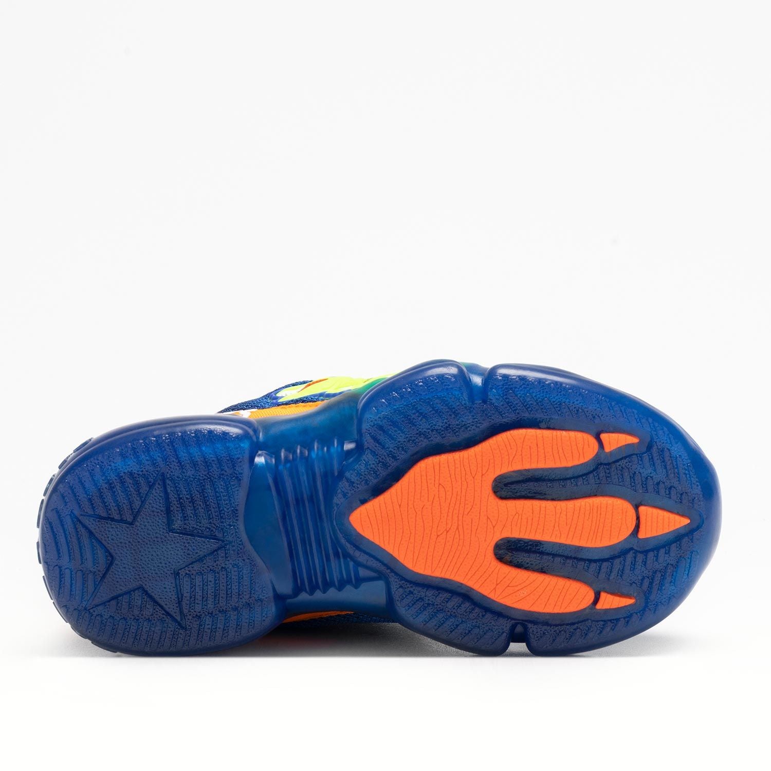 A boys trainer by Bull Boys, style DNAL2130 T-Rex, in blue with green dinosaur in 3D and flashing sole. Velcro and elastic faux lace fastening. View of blue sole with orange dionsaur print.