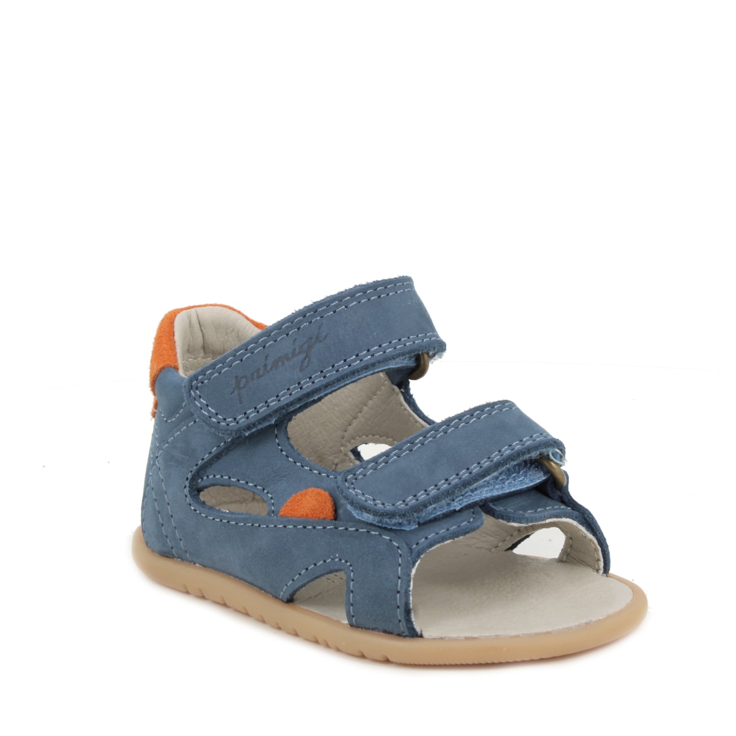 A boys sandal by Primigi, style Baby Sand Soft in Jeans woth two velcro straps and orange detailing. Angled front view