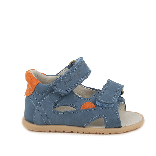 A boys sandal by Primigi, style Baby Sand Soft in Jeans woth two velcro straps and orange detailing. Right side view