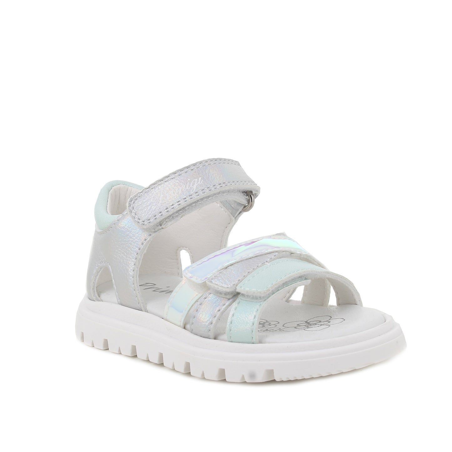 A girls sandal by Primigi, style Happy Vibe in silver/aqua with four velcro straps, one on ankle and three on the front. Angled front view