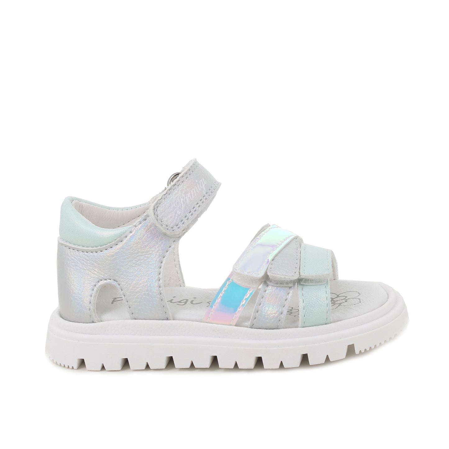 A girls sandal by Primigi, style Happy Vibe in silver/aqua with four velcro straps, one on ankle and three on the front. Right side view