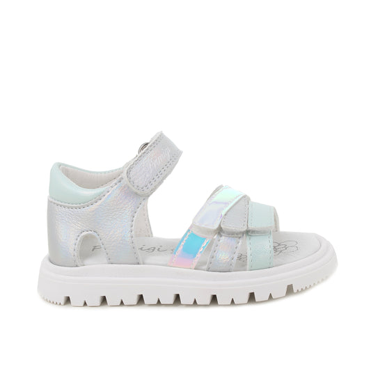 A girls sandal by Primigi, style Happy Vibe in silver/aqua with four velcro straps, one on ankle and three on the front. Right side view