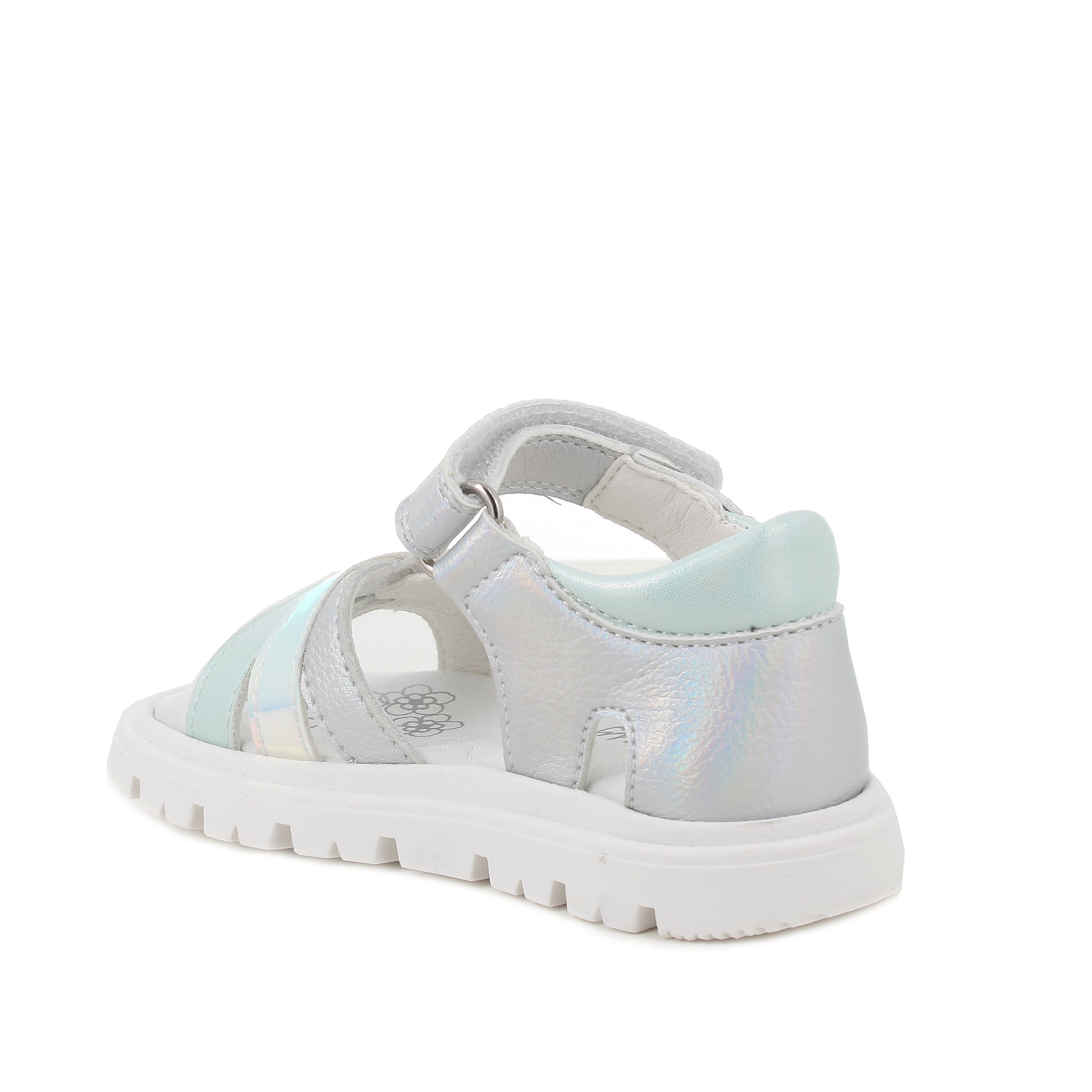 A girls sandal by Primigi, style Happy Vibe in silver/aqua with four velcro straps, one on ankle and three on the front. Angled back view