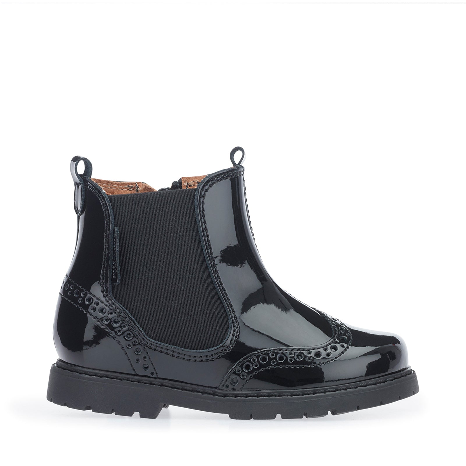 A girls Chelsea boot by Start-Rite, style Chelsea in black patent leather with brogue detail, elastic side panel and zip fastening. Right side view.