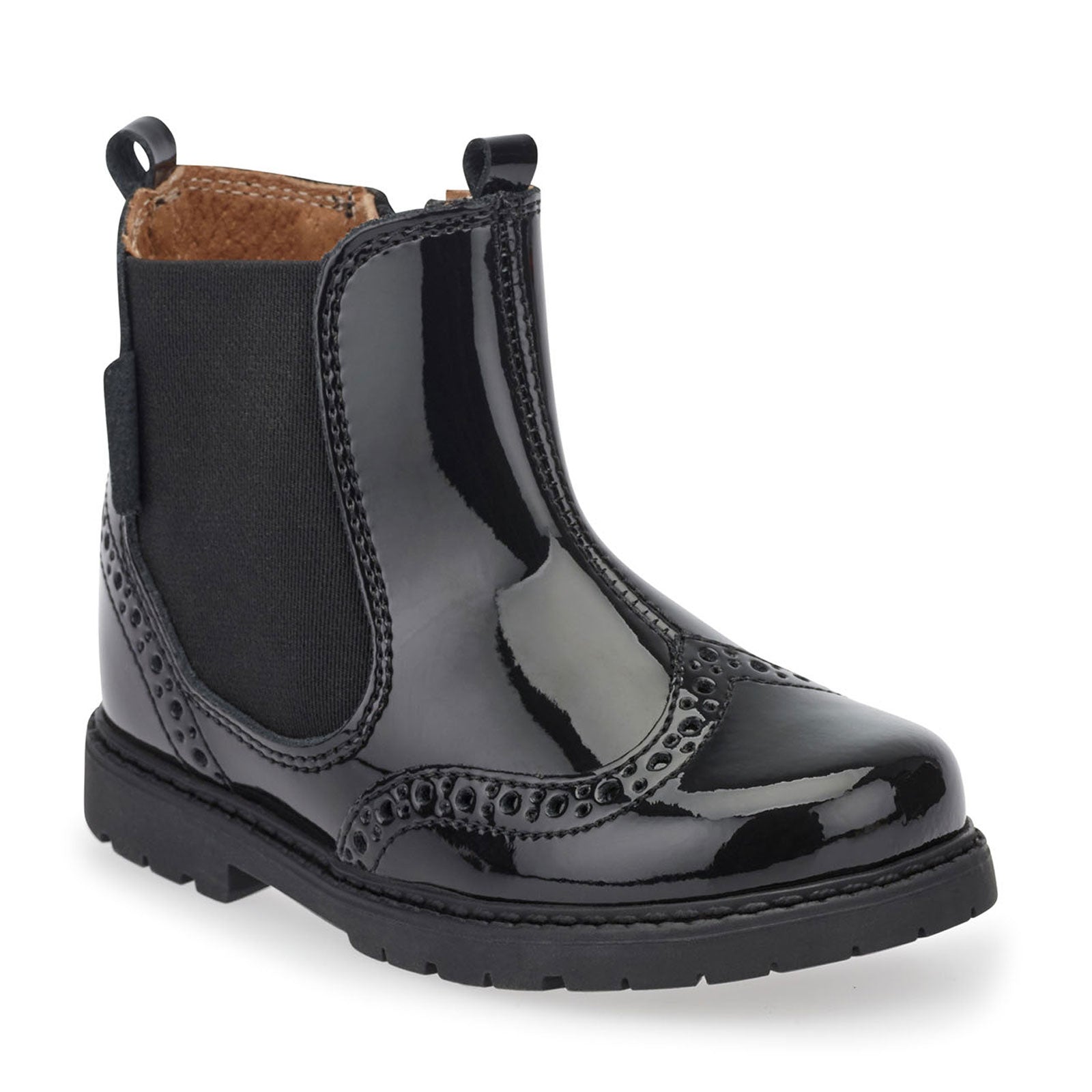 A girls Chelsea boot by Start-Rite, style Chelsea in black patent leather with brogue detail, elastic side panel and zip fastening. Angled right side view.