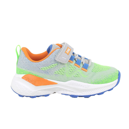 A boys trainer by Primigi, style B&G Storm in fluorescent green/light grey with elastic laces and velcro strap ad orange and blue detailing on laces, heel and sole. Right side view