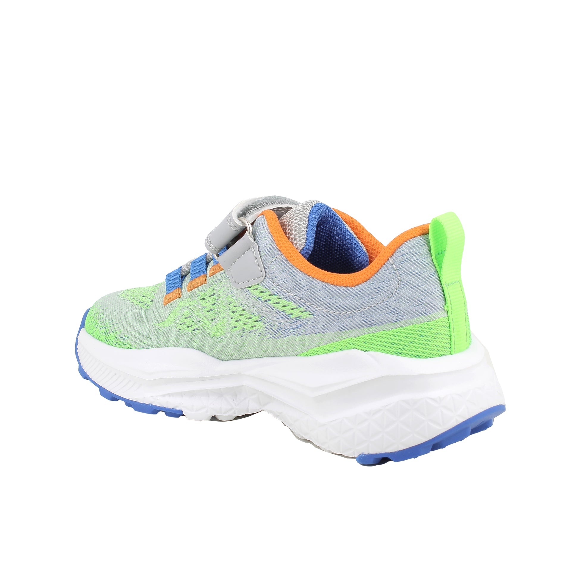 A boys trainer by Primigi, style B&G Storm in fluorescent green/light grey with elastic laces and velcro strap ad orange and blue detailing on laces, heel and sole. Angled back view