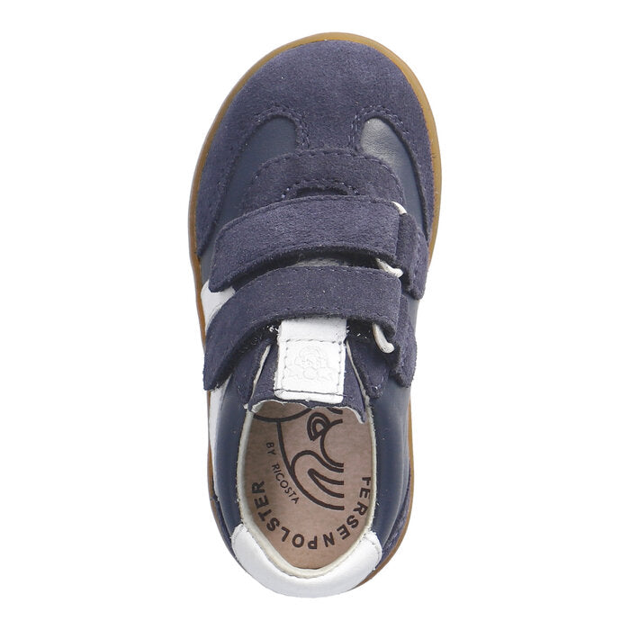 A boys casual shoe by Ricosta, style Dakota in nautic with two velcro straps and white stripe detail on side. Top view