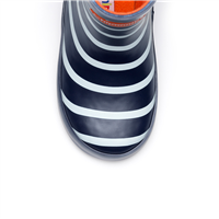 A unisex fleece lined welly by Chipmunks, style Jack, in navy, white and orange. Above view.