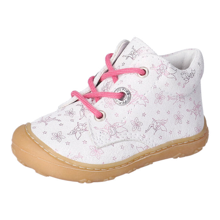 A girls ankle boot by Ricosta, style Dots 50 1200502/830 , in white leather with pink fairy print and pink laces. Toe bumper. Right side view.