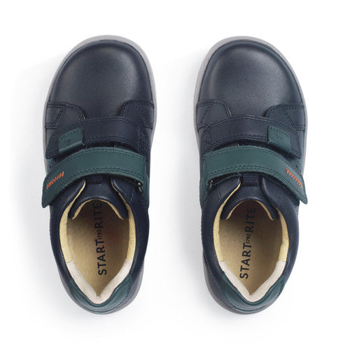 A boys casual school shoe by Start Rite, style Explore, in navy and teal leather with double velcro fastening. View of pair from above.