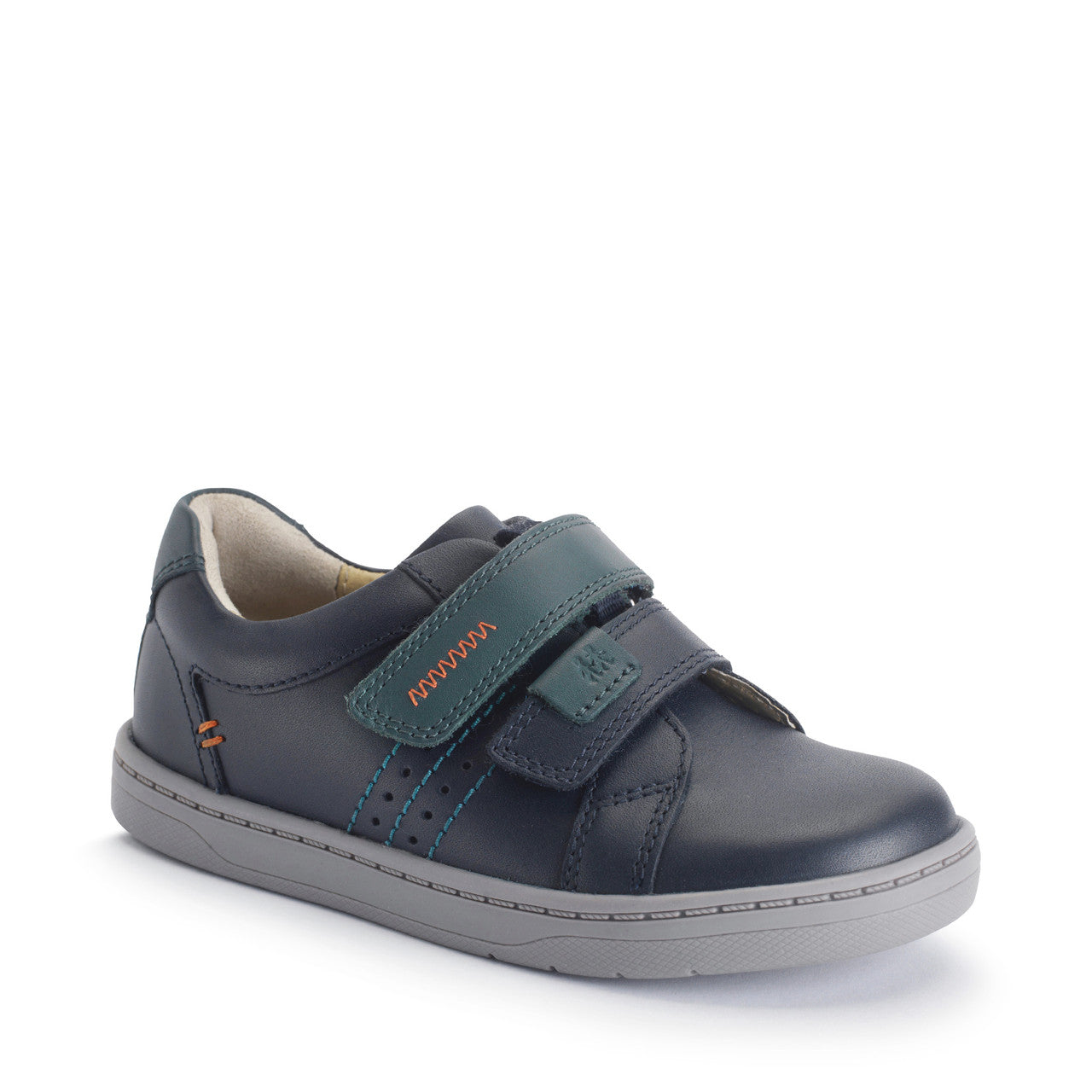 A boys casual school shoe by Start Rite, style Explore, in navy and teal leather with double velcro fastening. Angled right side view.