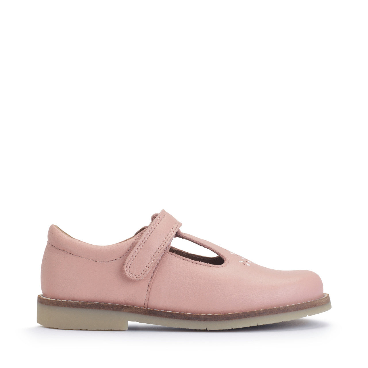 A girls T-Bar shoe by Start-Rite, style Luxe, with pink embroidery in pale pink leather with velcro fastening. Right side view.