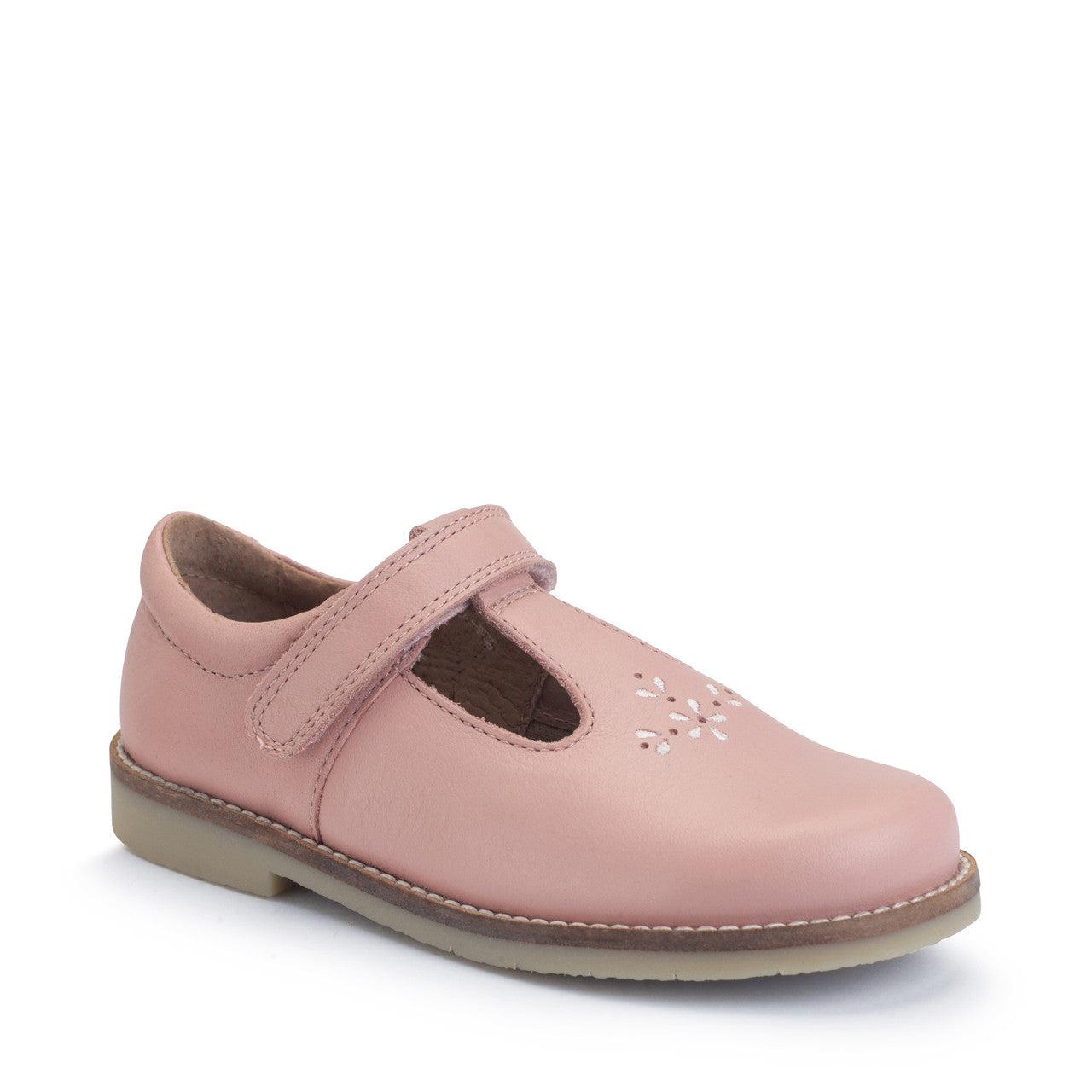 A girls T-Bar shoe by Start-Rite, style Luxe, with pink embroidery in pale pink leather with velcro fastening. Angled right side view.