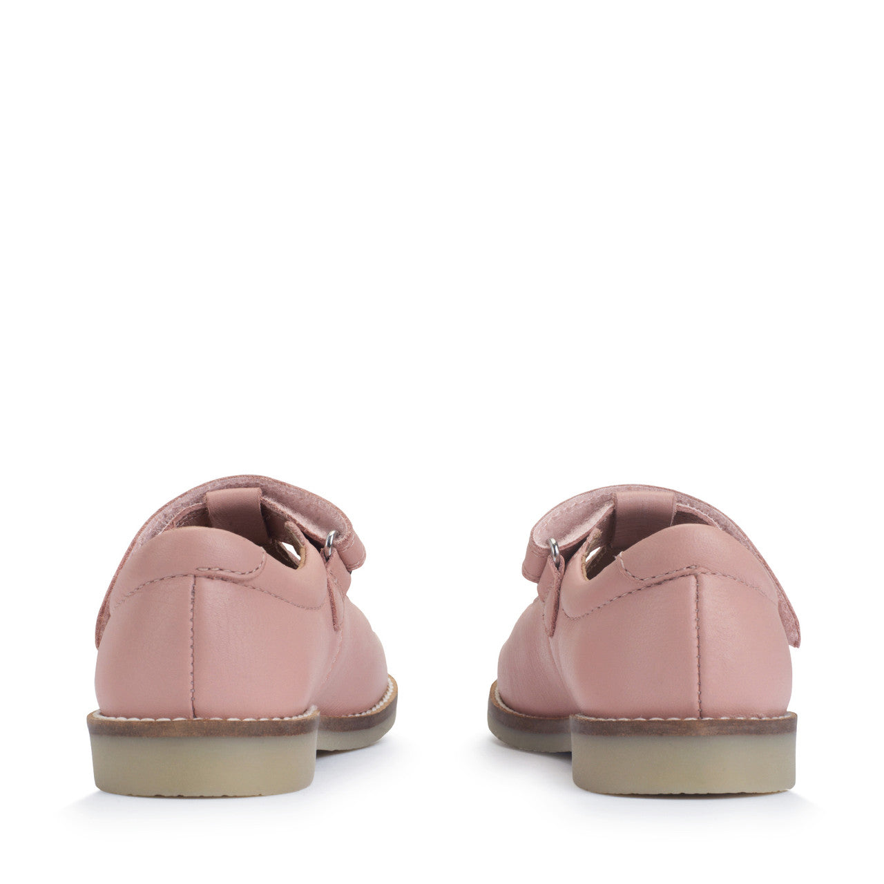 A girls T-Bar shoe by Start-Rite, style Luxe, with pink embroidery in pale pink leather with velcro fastening. View of a pair from back.