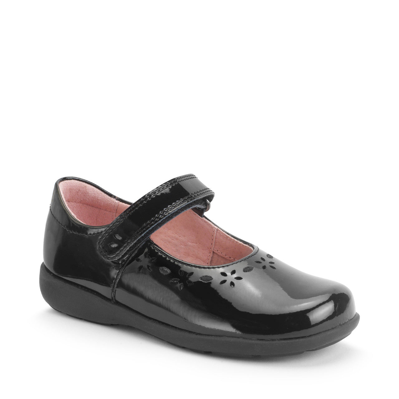 A girls Mary Jane school shoe by Start Rite, style Emily, in black patent with punch out flower detail and velcro fastening. Angled right side view.