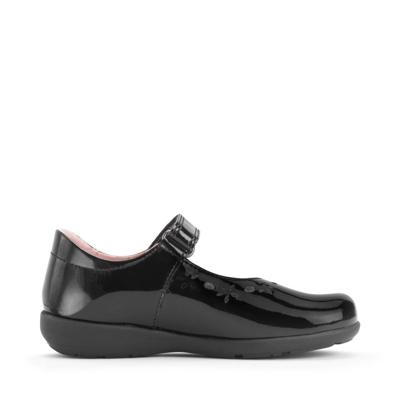 A girls Mary Jane school shoe by Start Rite, style Emily, in black patent with punch out flower detail and velcro fastening. Left side view.