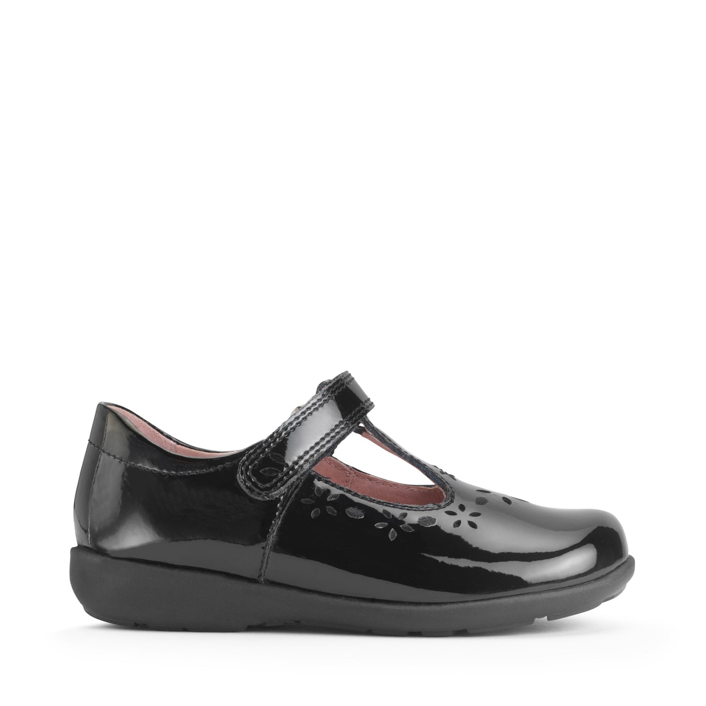 A girls T-Bar school shoe by Start-Rite, style Carlotte,with flower detail in black patent with velcro fastening. Right side view.