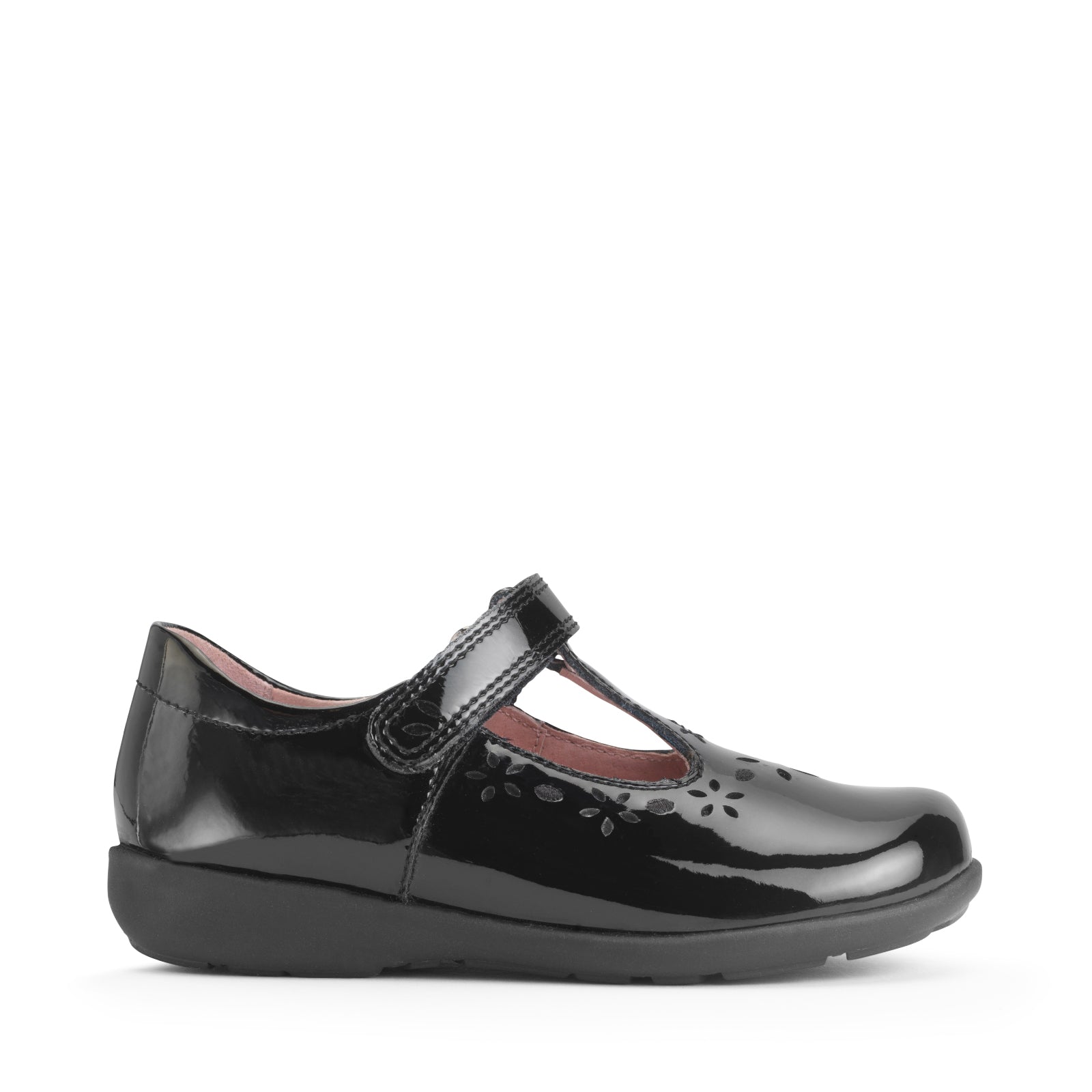 A girls T-Bar school shoe by Start-Rite, style Carlotte,with flower detail in black patent with velcro fastening. Right side view.