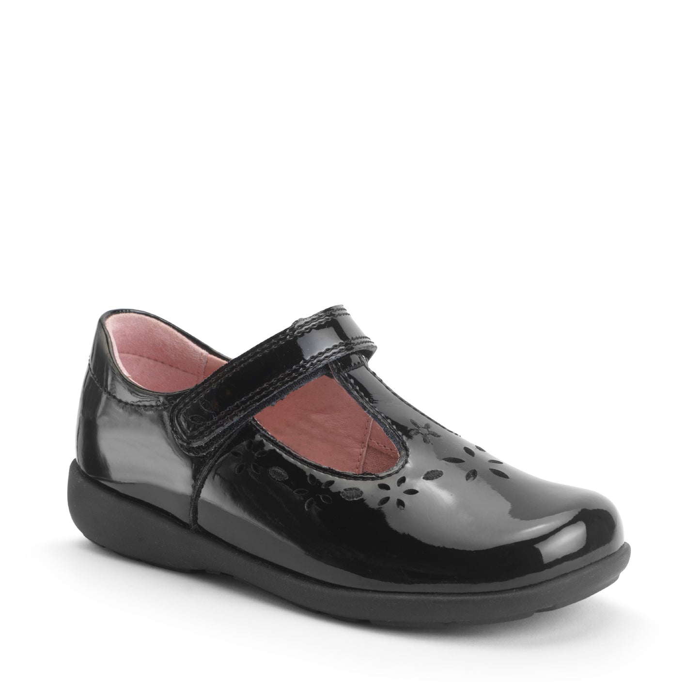 A girls T-Bar school shoe by Start-Rite, style Charlotte, with flower detail in black patent with velcro fastening. Angled right side view.