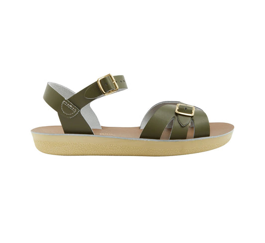 An adult sandal by Saltwater, style Boardwalk in olive with buckle strap. Right side view