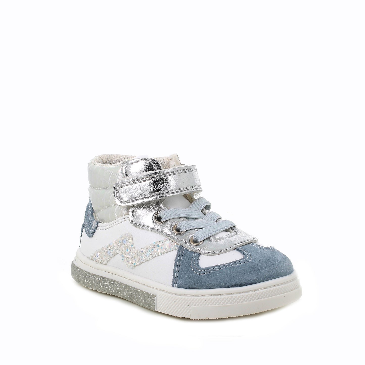 A girls Hi-Top boot by Primigi, style 4904500 Baby Glitter, in white, silver and blue leather with glitter trim, faux laces and velcro fastening. Right angled view.