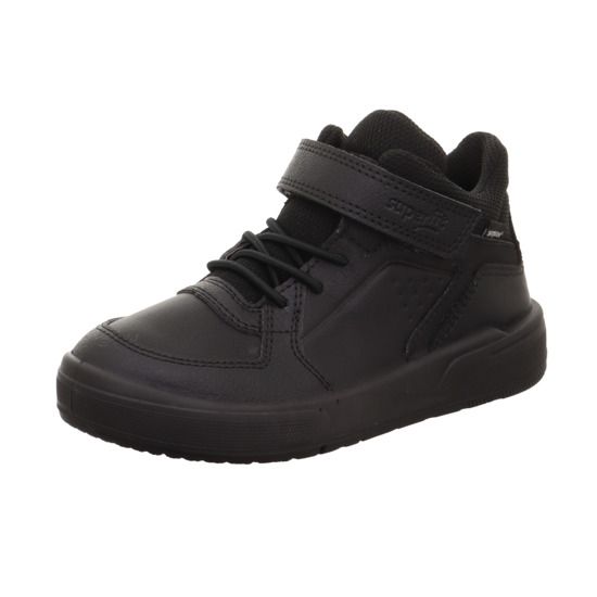 A boys casual high top boot by Superfit, style Maverick, in black with velcro fastening. Right side view.