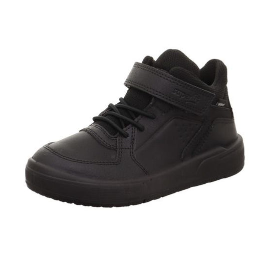 A boys casual high top boot by Superfit, style Maverick, in black with velcro fastening. Right side view.