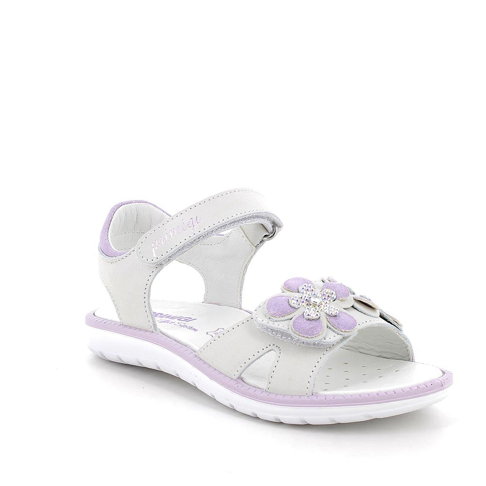 A girls open toe sandal by Primigi, style Alanis in white and lilac, velcro fastening. Right angled view.