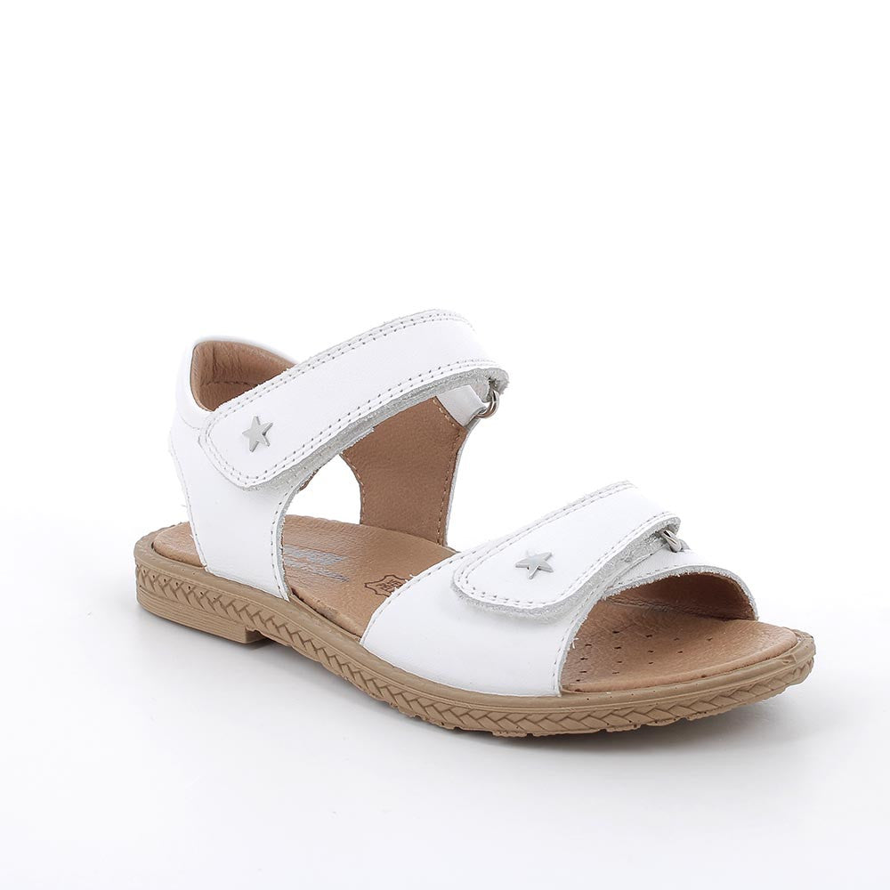 A girls open toe sandal by Primigi, style Amelia ,in white, velcro fastening. Right angled view.