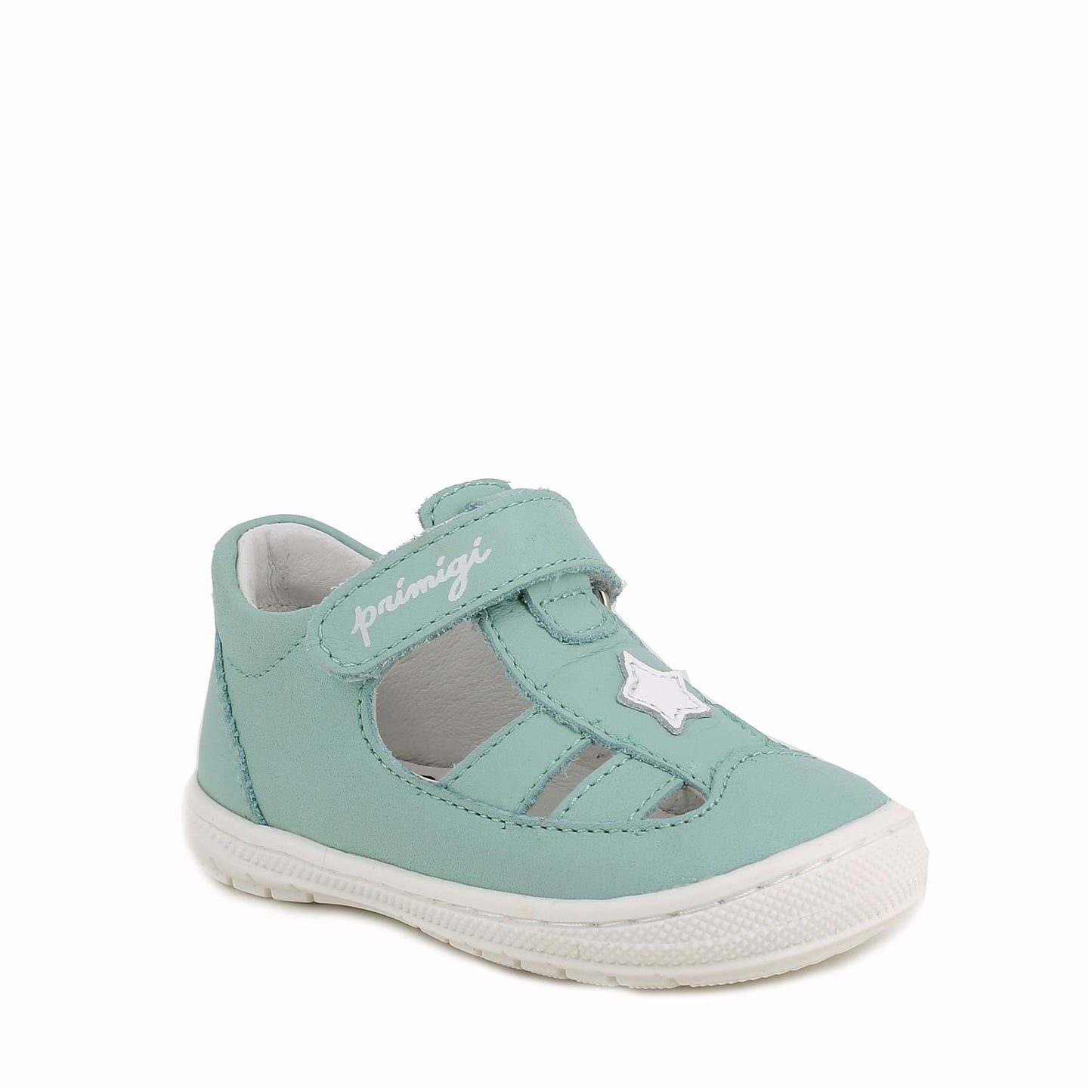 A girls closed toe sandal by Primigi, style Baby Soft in acqua, velcro fastening. Right angled view.