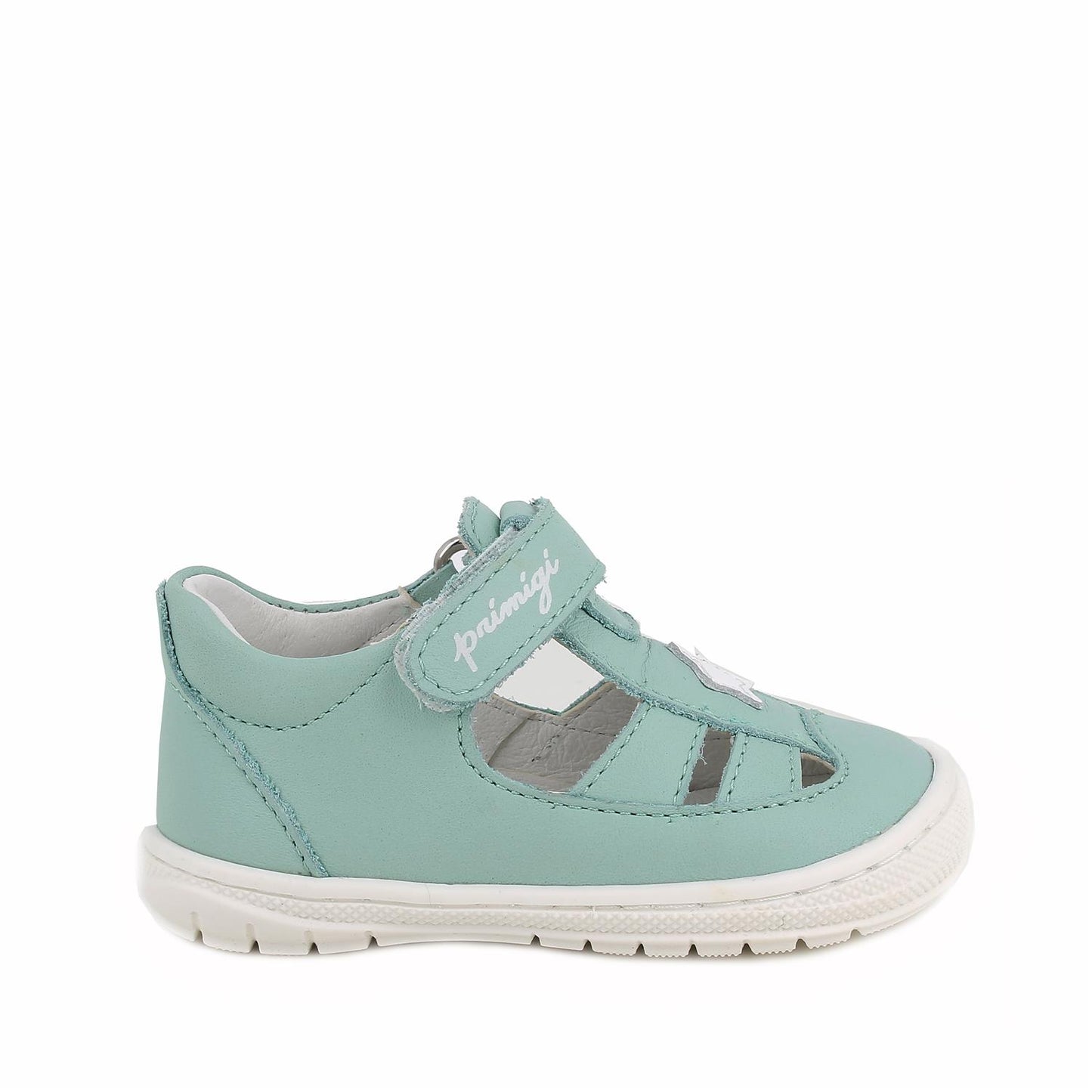 A girls closed toe sandal by Primigi, style Baby Soft in acqua, velcro fastening. Right side view.
