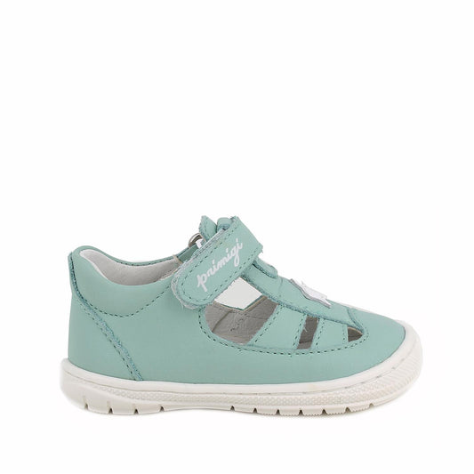 A girls closed toe sandal by Primigi, style Baby Soft in acqua, velcro fastening. Right side view.