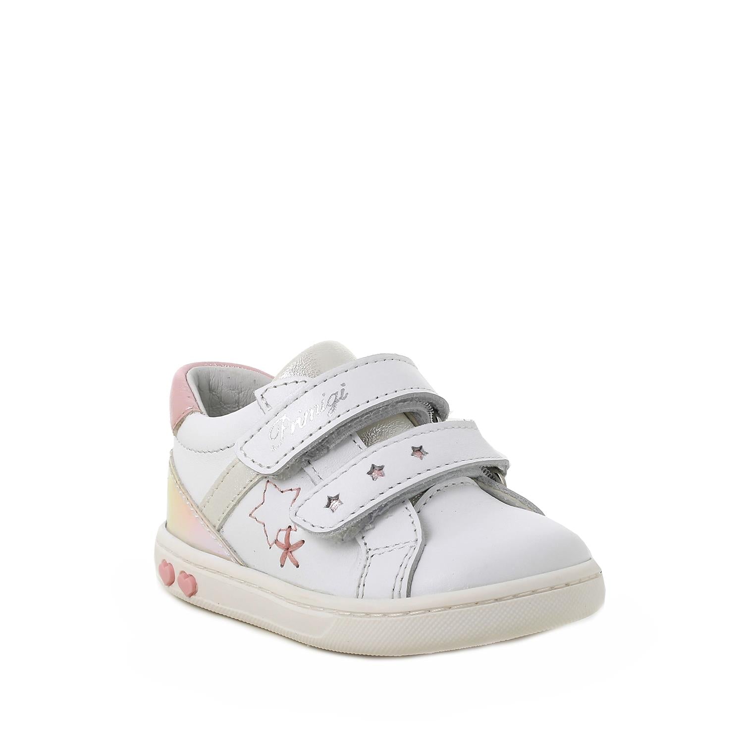 A girls casual trainer by Primigi, style Baby Like in white and pink, double velcro fastening. Right angled view.
