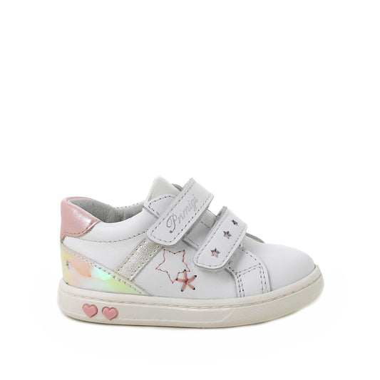 A girls casual trainer by Primigi, style Baby Like in white and pink, double velcro fastening. Right side view. 