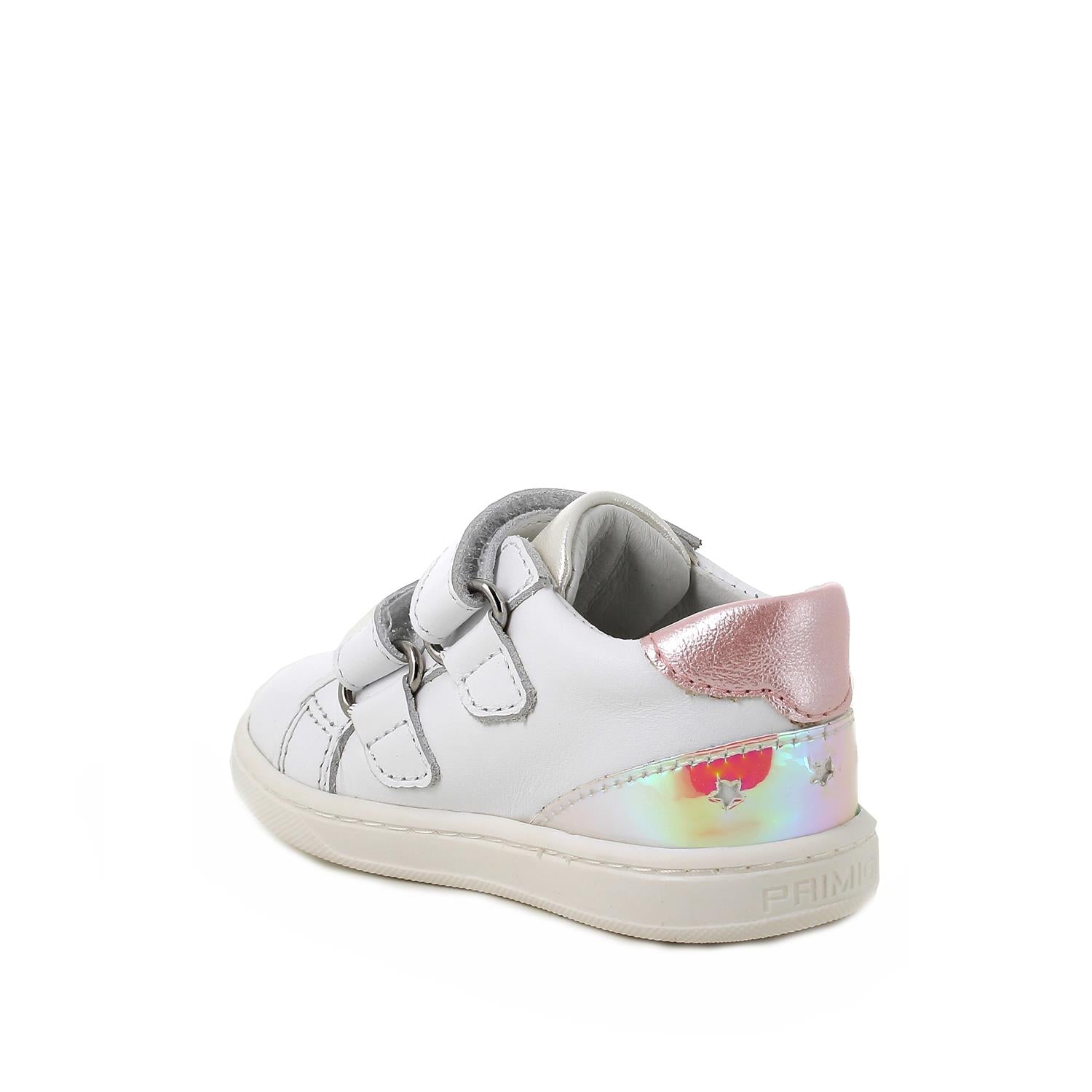 A girls casual trainer by Primigi, style Baby Like in white and pink, double velcro fastening. Right inner side view.