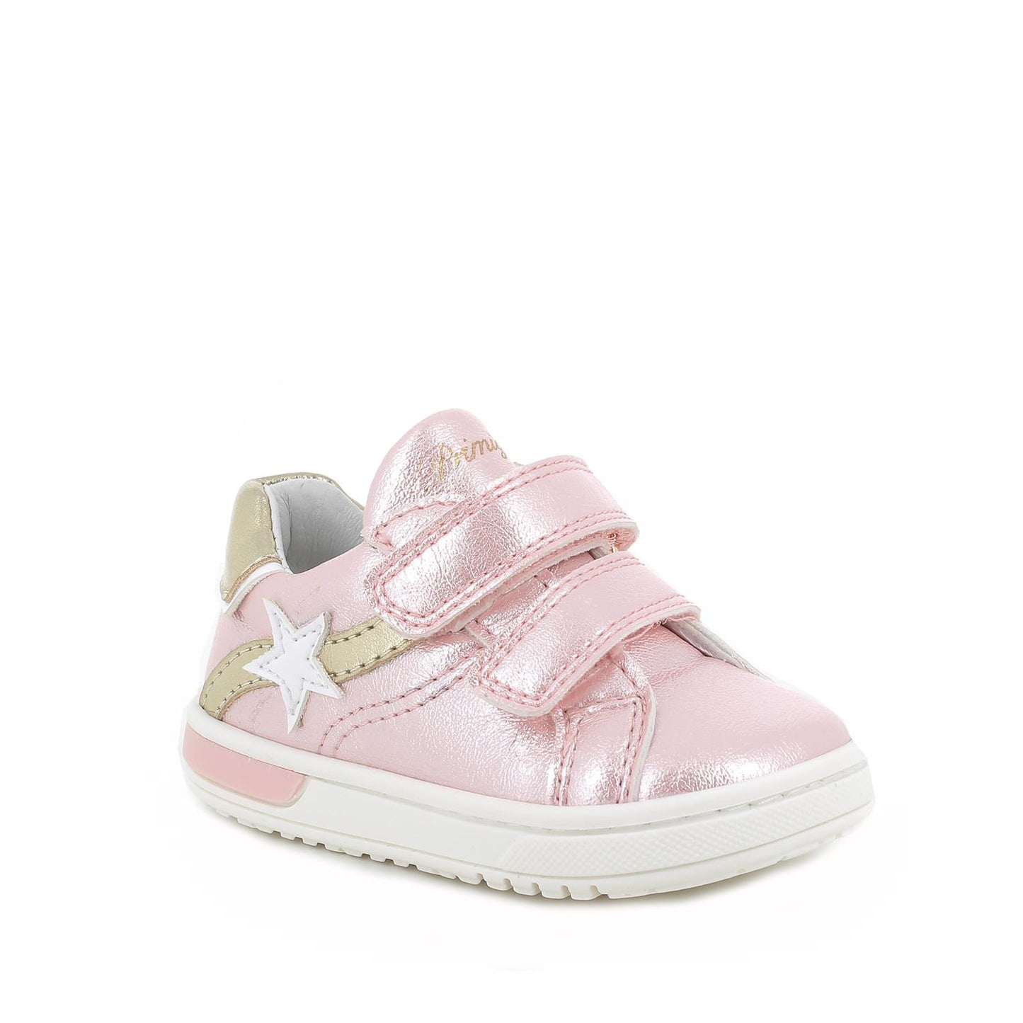 A girls casual trainer by Primigi, style Baby dude in pink, double velcro fastening. Right angled view.