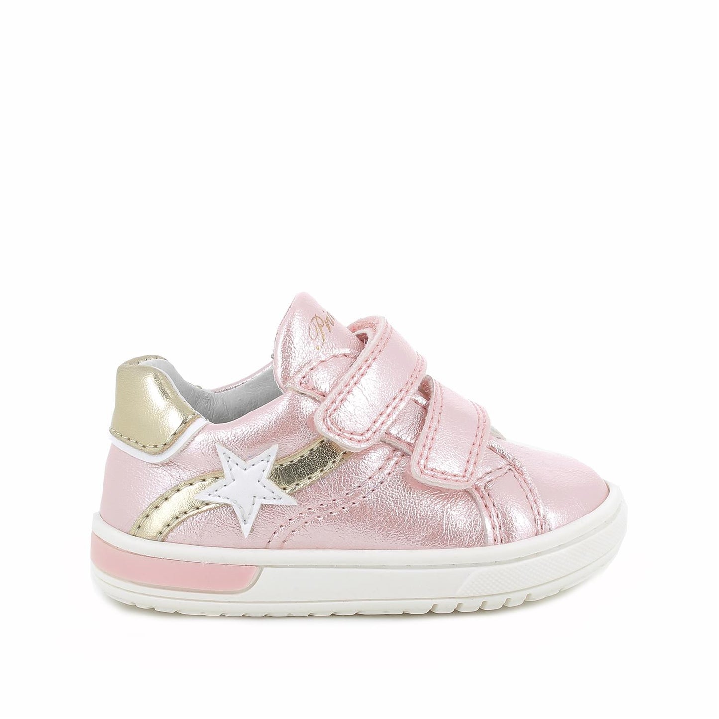 A girls casual trainer by Primigi, style Baby Dude in pink, double velcro fastening. Right side view.