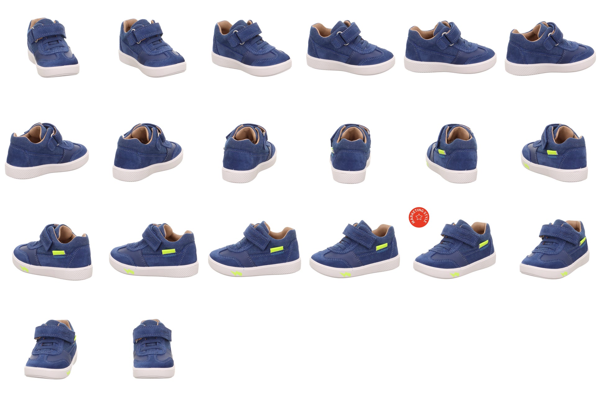 A boys trainer by Superfit ,style Supies 1-000781-8000, in blue with yellow accents and double velcro fastening. Multiple images of shoe from different angles.