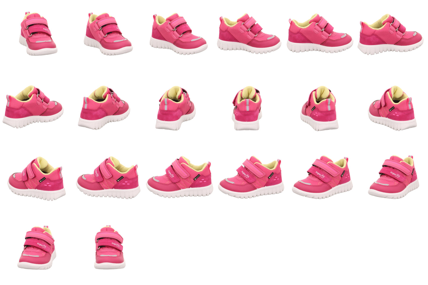 A girls waterproof casual shoe by Superfit, style Sport7 Mini 1-006182, in pink with reflective trim and double velcro fastening. 13 pictures from different angles.