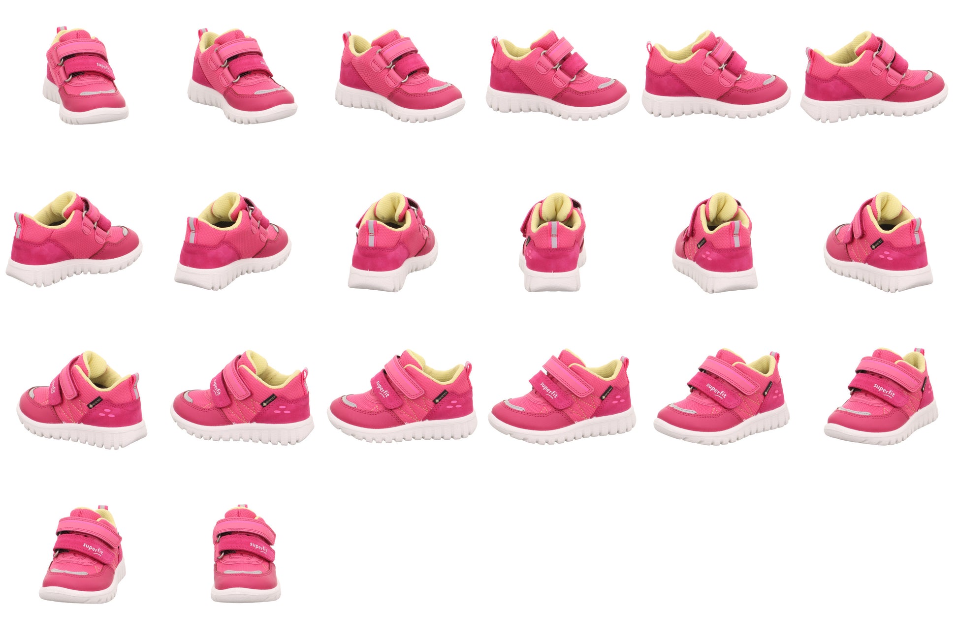 A girls waterproof casual shoe by Superfit, style Sport7 Mini 1-006182, in pink with reflective trim and double velcro fastening. 13 pictures from different angles.