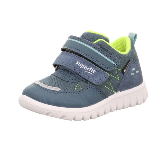 A boys waterproof casual shoe by Superfit, style Sport7 Mini 1-006182-8030, in blue with reflective trim and double velcro fastening. Angled right side view.