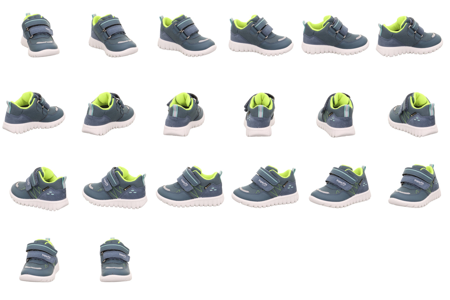 A boys waterproof casual shoe by Superfit, style Sport7 Mini 1-006182-8030, in blue with reflective trim and double velcro fastening. 13 pictures from different angles.