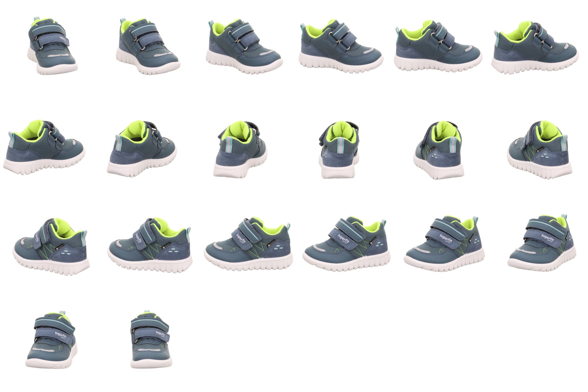 A boys waterproof casual shoe by Superfit, style Sport7 Mini 1-006182-8030, in blue with reflective trim and double velcro fastening. 13 pictures from different angles.
