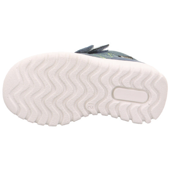A boys casual waterproof shoe by Superfit, style Sport7 Mini 1-006182-8030, in blue with reflective trim and double velcro fastening. Sole view.