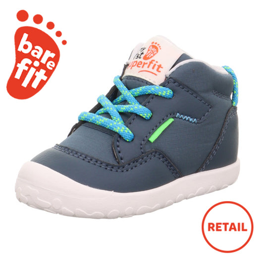 A boys first boot by Superfit, style Flummi in blue, lace fastening. Left angled view. Featuring bare fit logo