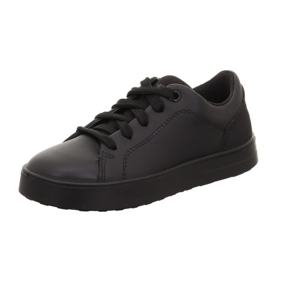 A unisex school shoe by Superfit, style Stella, in black leather with lace up fastening. Right side view.
