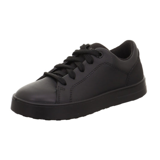 A unisex school shoe by Superfit, style Stella, in black leather with lace up fastening. Right side view.