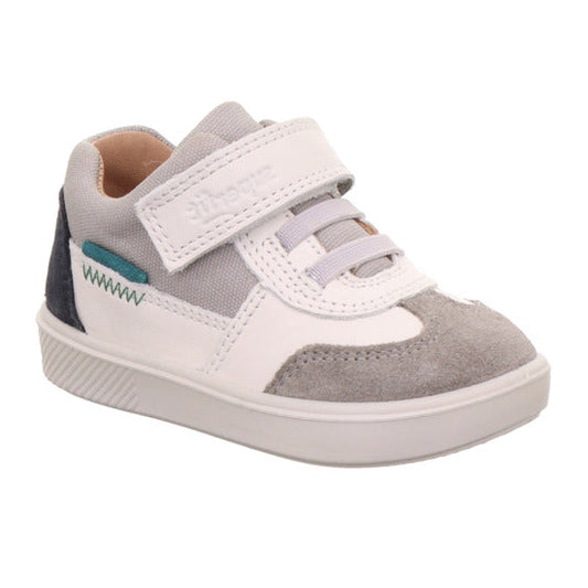 A boys casual trainer by Superfit, style Supies in grey/multicolour, with blue stiching detail on side, with elastic laces and a velcro strap. Right side view