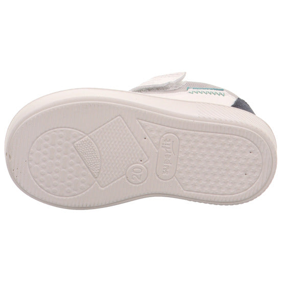 A boys casual trainer by Superfit, style Supies in grey/multicolour, with blue stiching detail on side, with elastic laces and a velcro strap. View of white sole